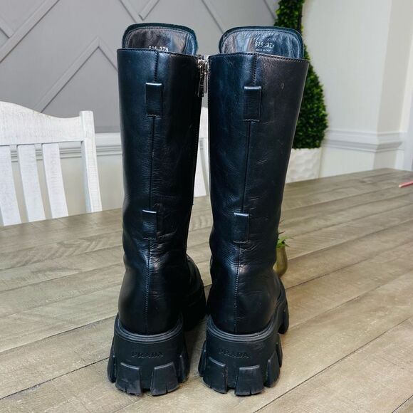 Prada Lug-Sole Tall Leather Combat Boots Size 7 (37.5) - Picture 5 of 15